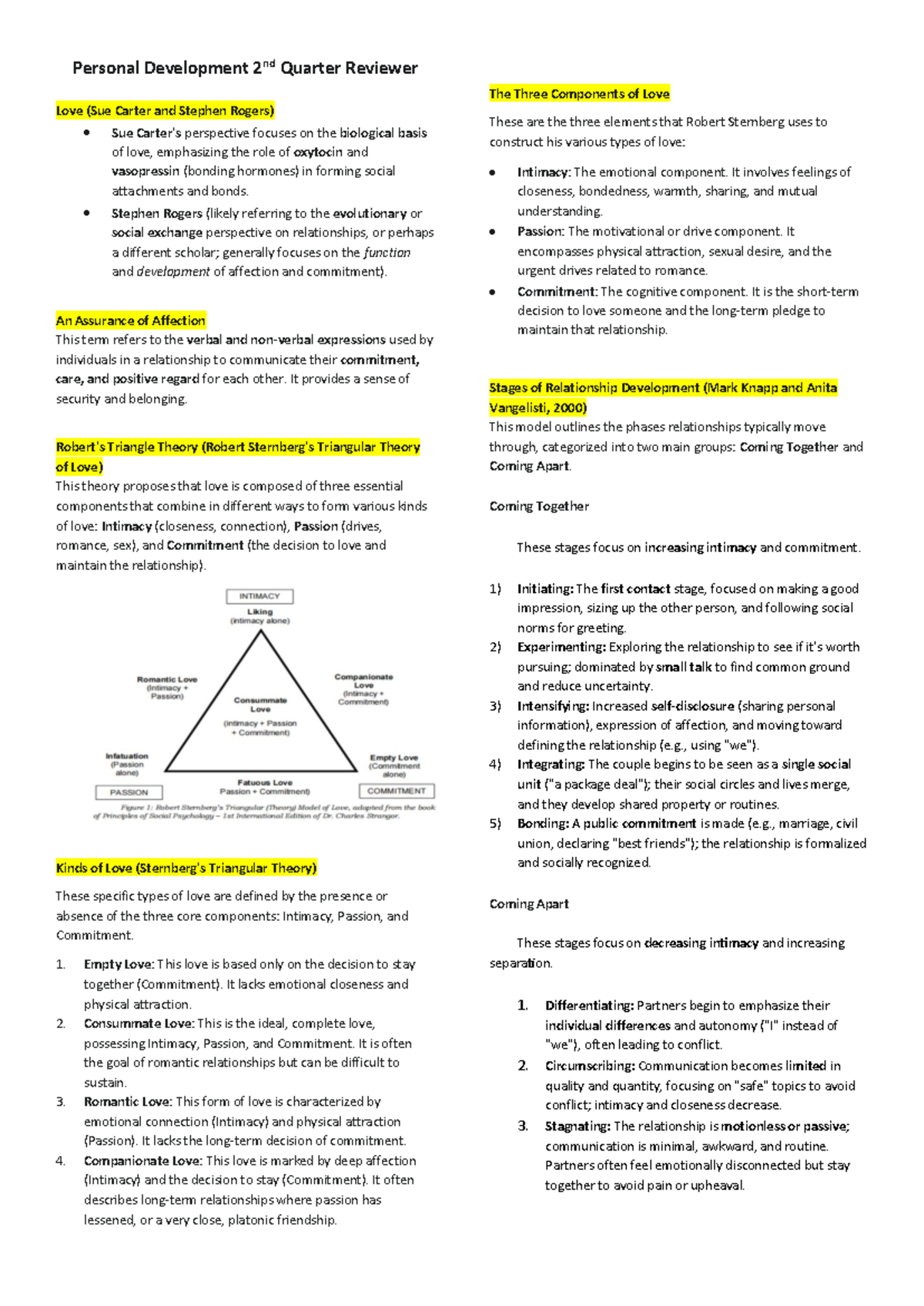 Personal Development PD 2Q Reviewer: The Components of Love - Studocu