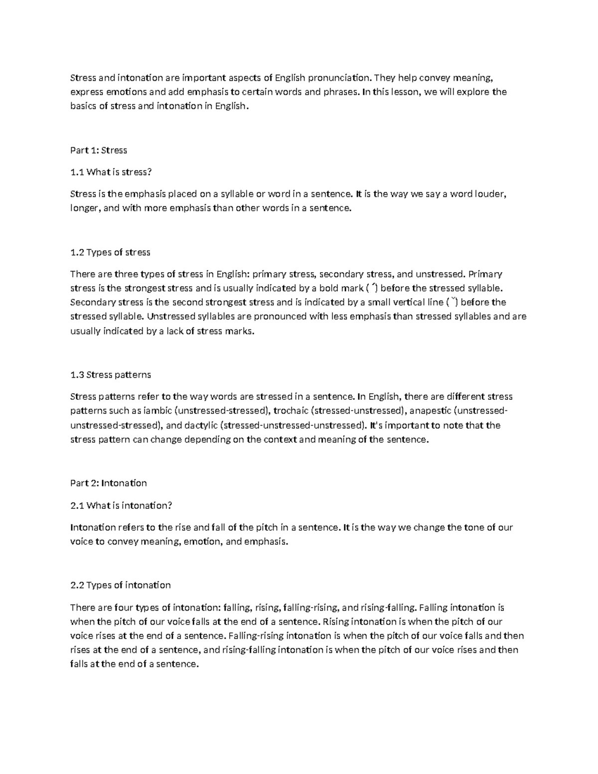 Stress and Intonation in English: Grade 7 Lesson Overview - Studocu