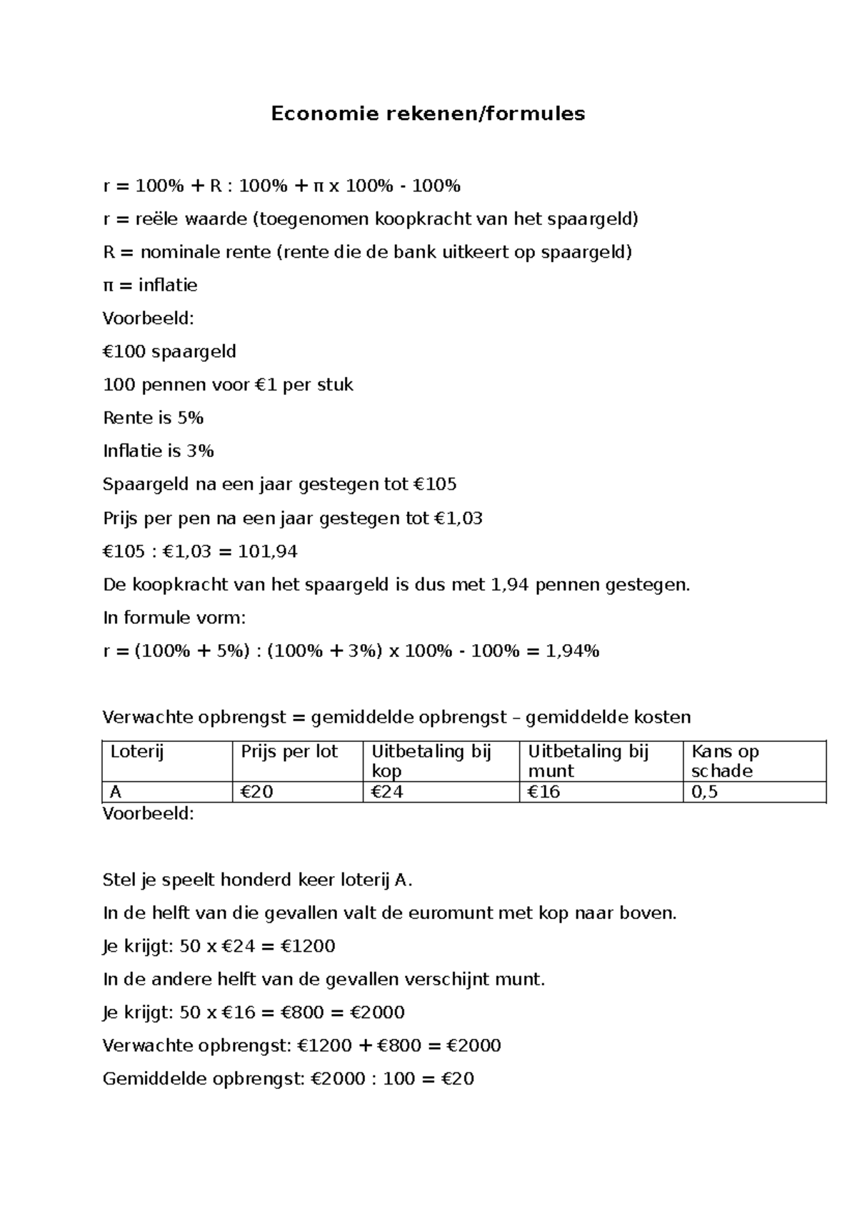 Economie Formules: Module 5 & 6 - Rente, Verwachte Opbrengst & Risico ...