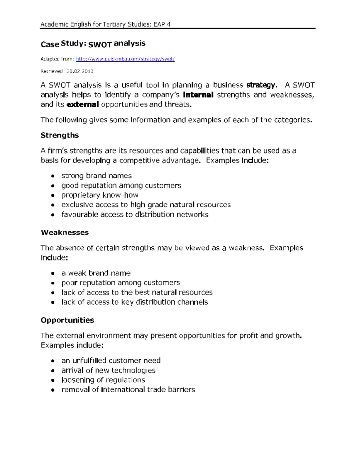 Case Study SWOT analysis - 02 A SWOT analysis is a useful tool in ...