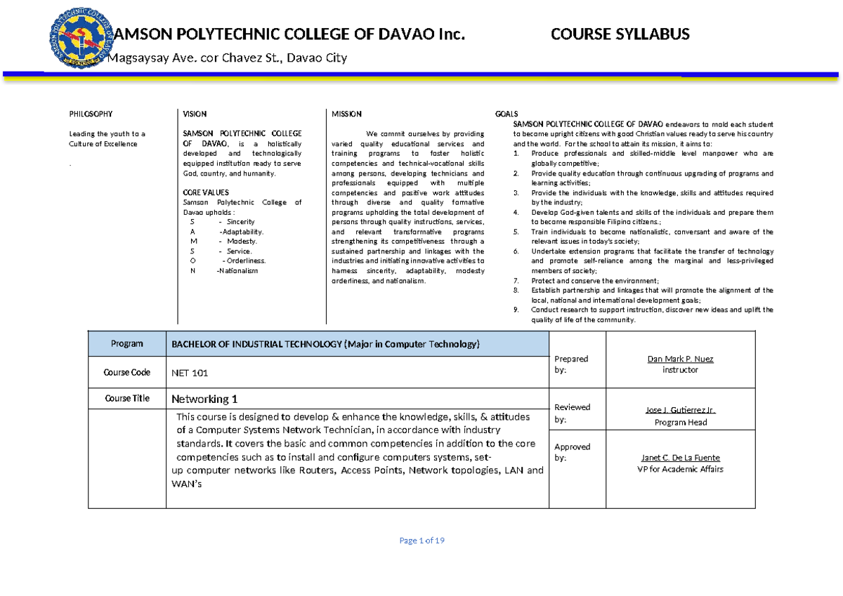 NET 101: Networking 1 Course Syllabus and Learning Outcomes - Studocu