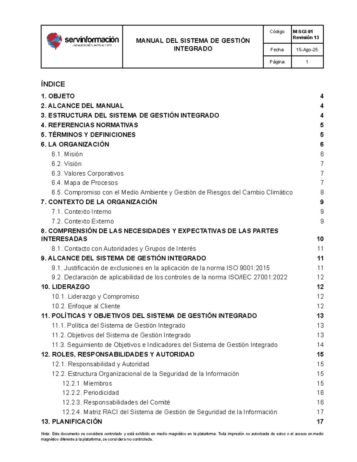 M SGI 01: Manual del Sistema de Gestión Integrado - Revisión 13 - Studocu