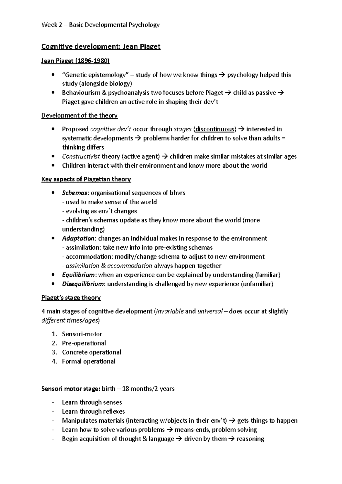 L2 - Cognitive Development: Jean Piaget (completed notes) - Cognitive ...