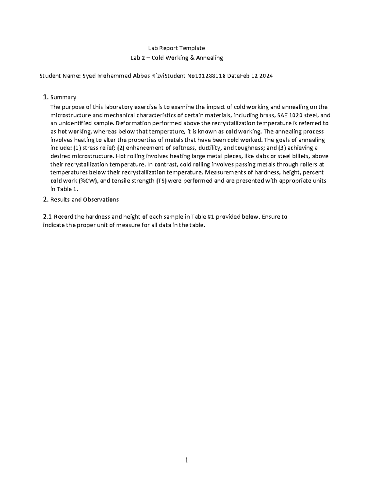 MAAE2700 Lab 02 Report: Cold Working & Annealing Analysis - Studocu