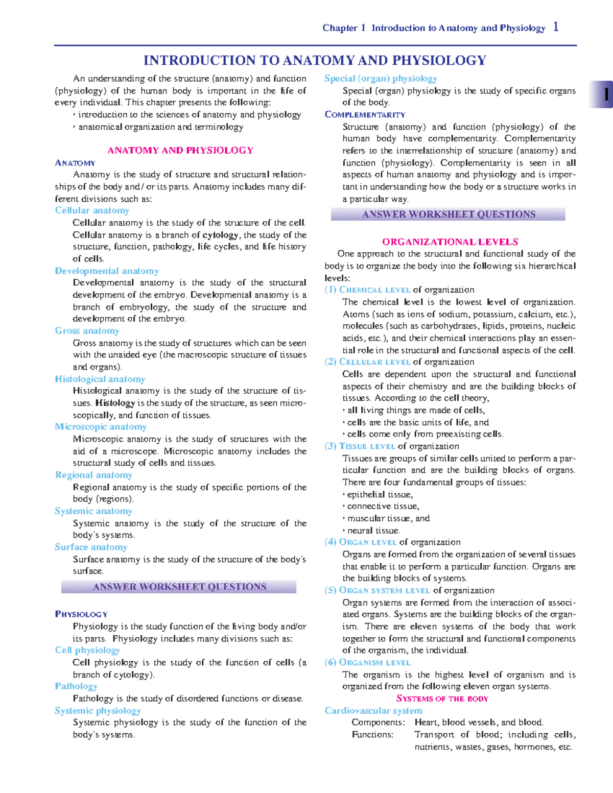 Anatomy and Physiology 1: Chapter 1 Overview and Concepts - Studocu