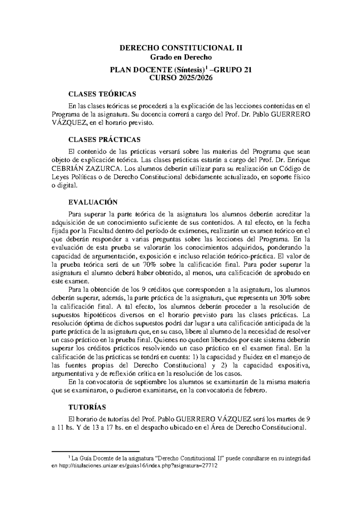 DERECHO CONSTITUCIONAL II - Plan Docente 2021-2026 - Studocu