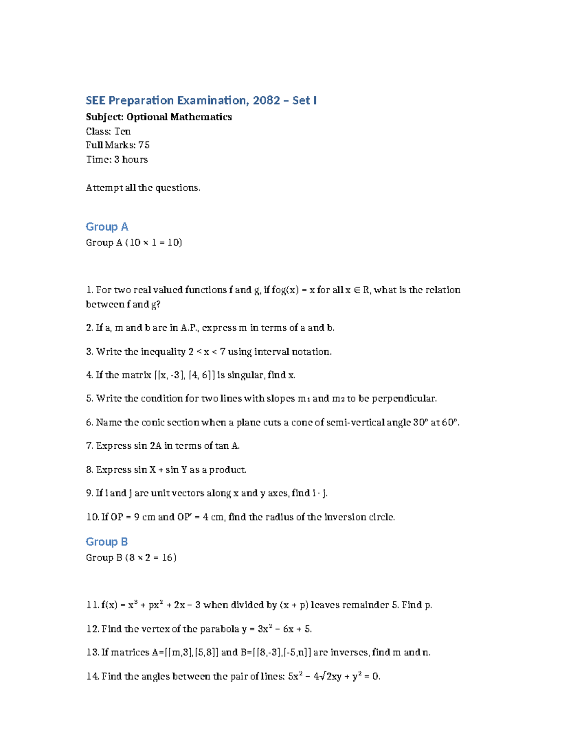 SEE Optional Mathematics 2082 Preparation Exam Full Marks: 75 - Studocu