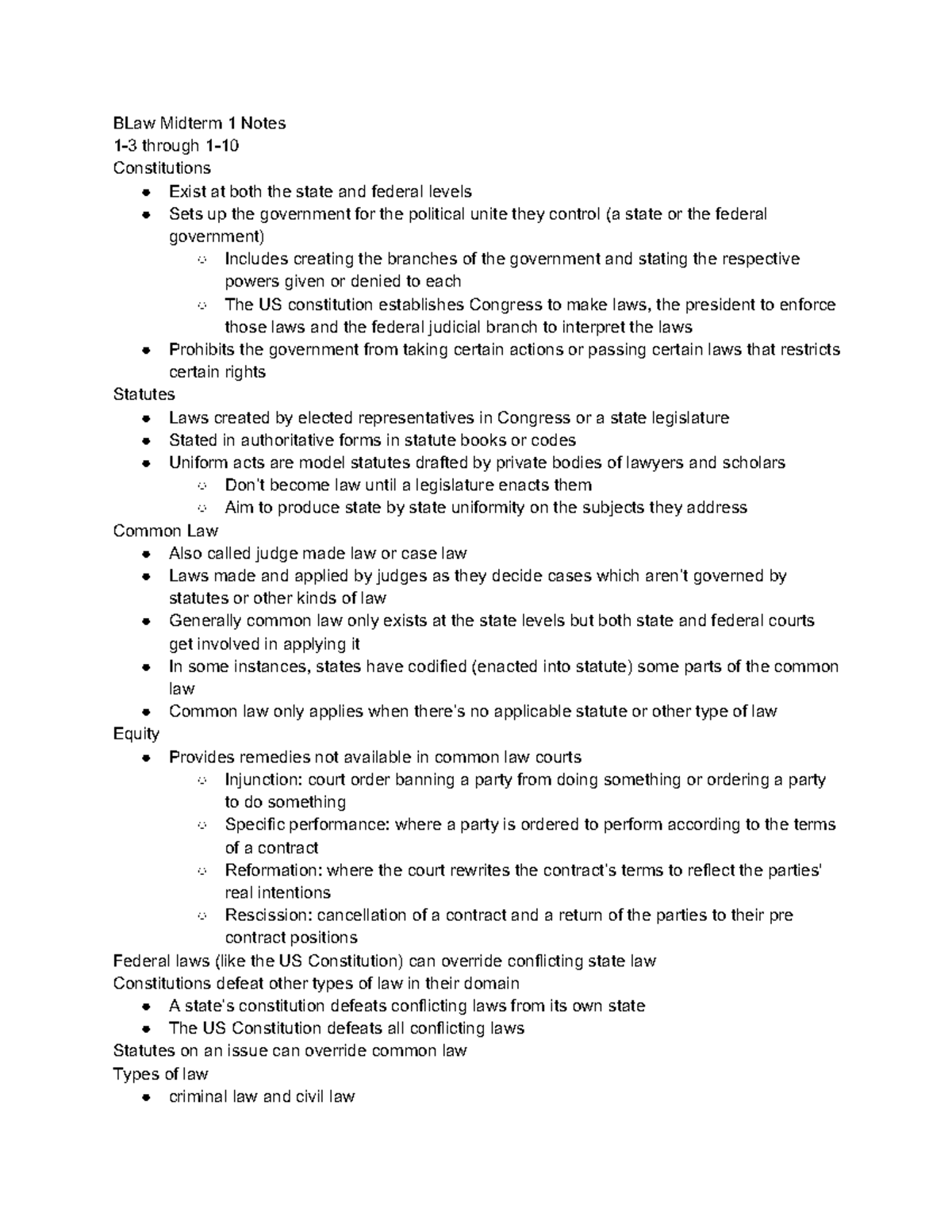BLaw Midterm 1 Notes: Key Legal Concepts and Procedures Overview - Studocu