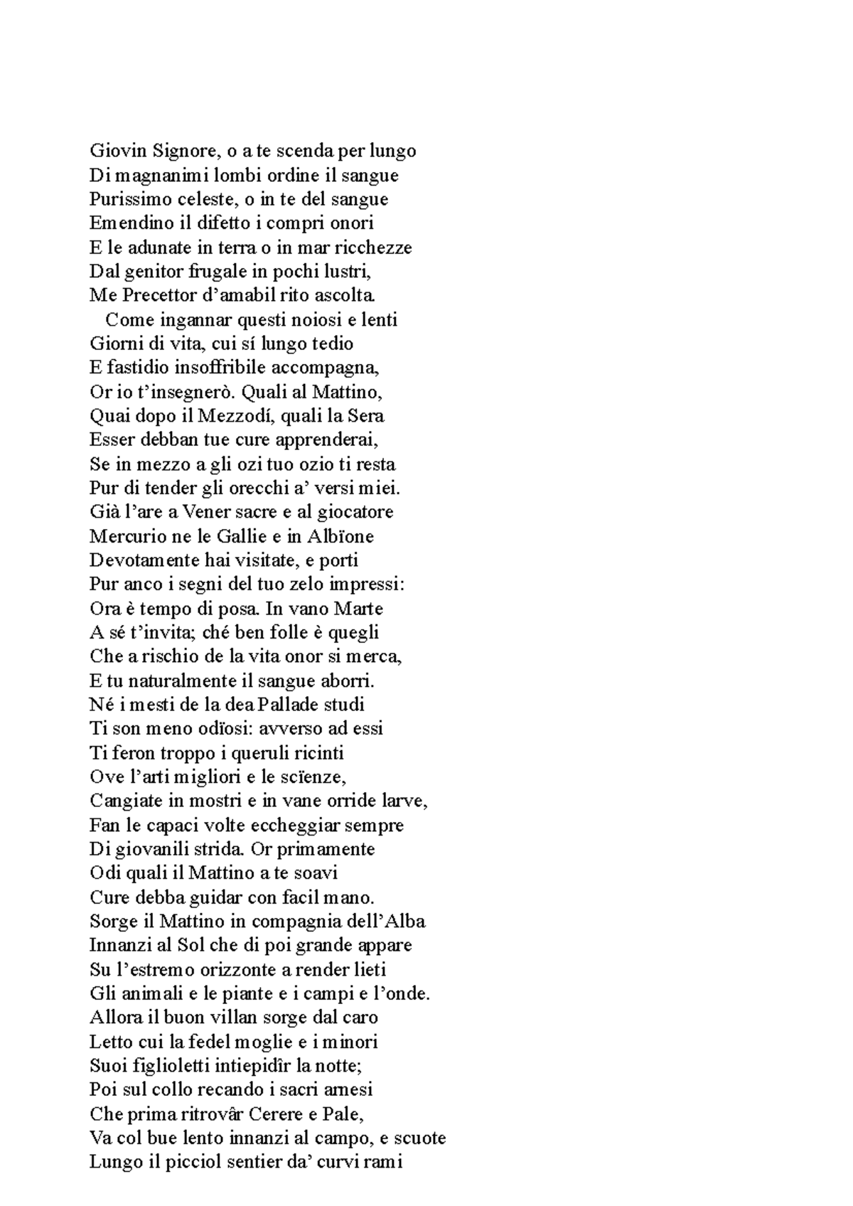 Testo IL Mattino DI Parini - Giovin Signore, o a te scenda per lungo Di ...