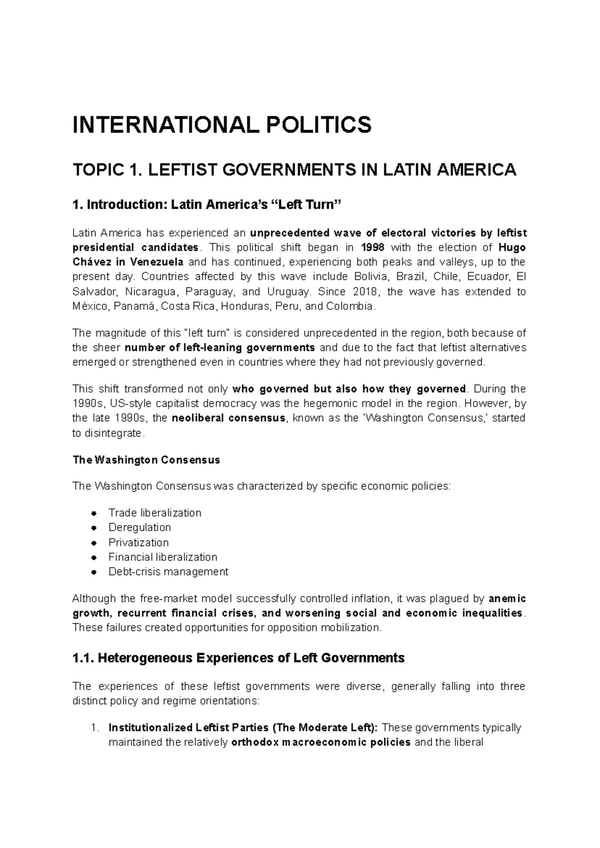 INTERNATIONAL POLITICS: LEFTIST GOVERNMENTS IN LATIN AMERICA - Studocu