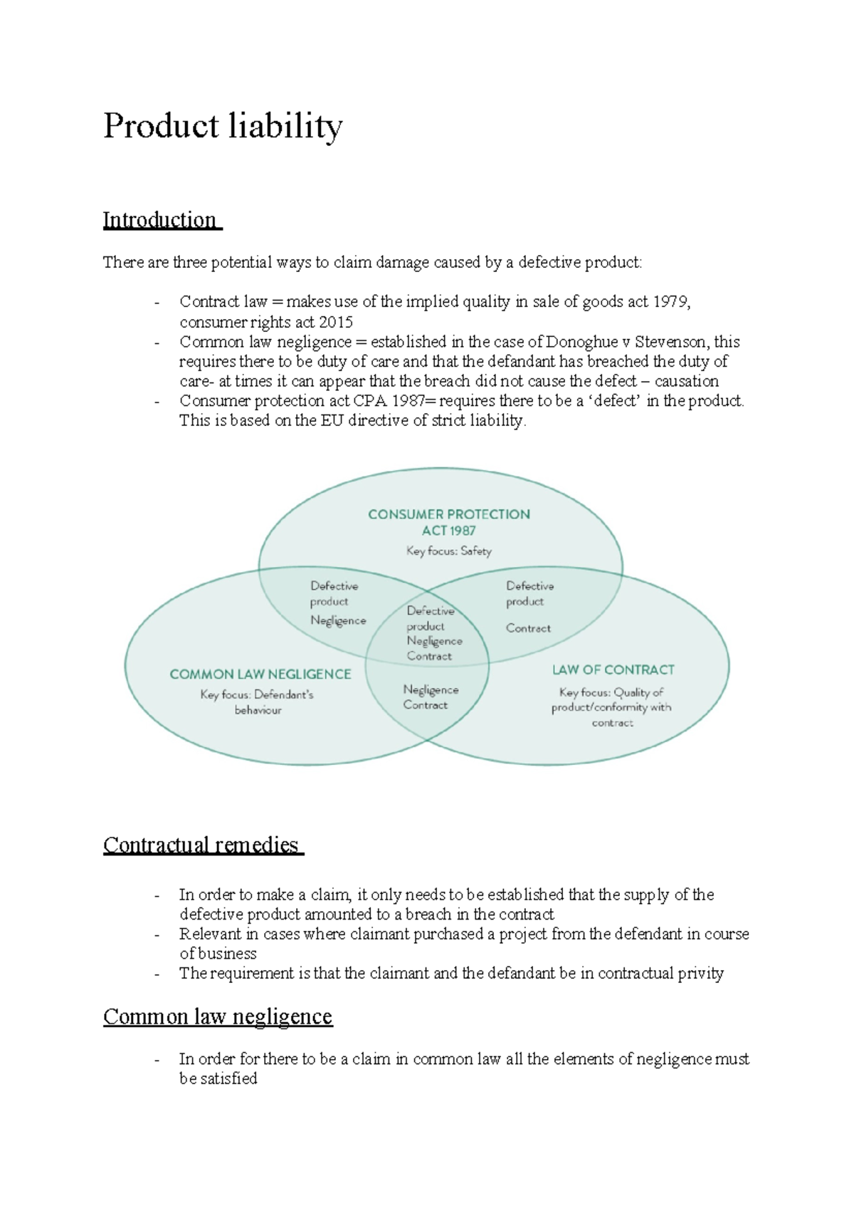 Product Liability - Comprehensive Notes on CPA 1987 and Case Law - Studocu