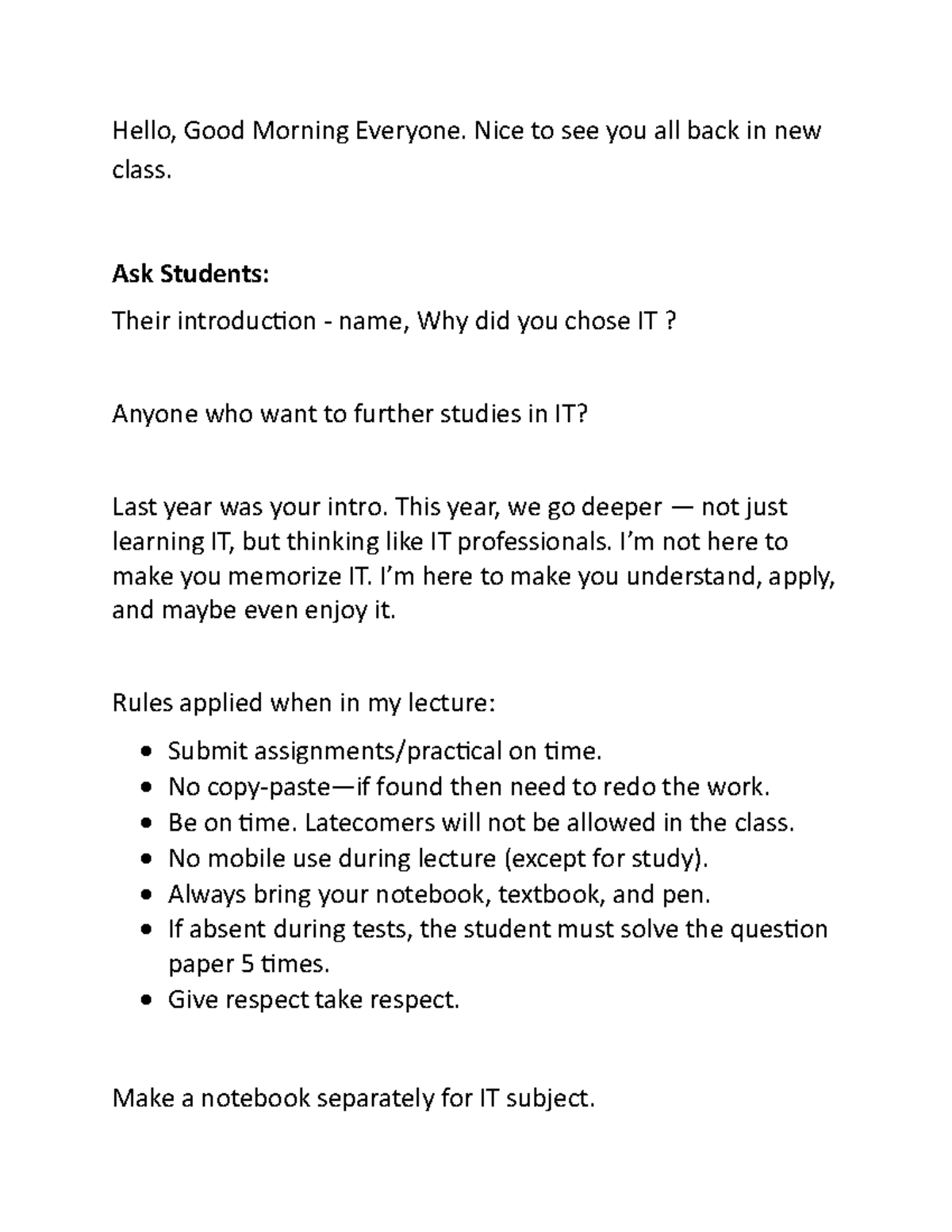 IT101: Class Introduction and Lecture Guidelines - Studocu