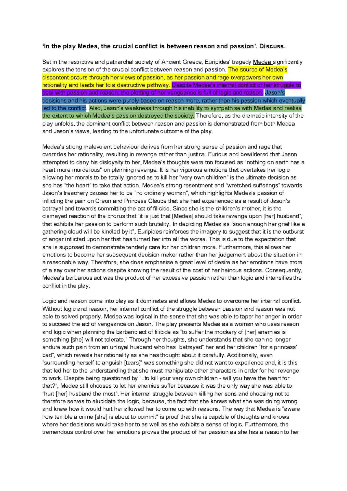Medea Practice Essay: Examining the Conflict of Reason vs. Passion ...