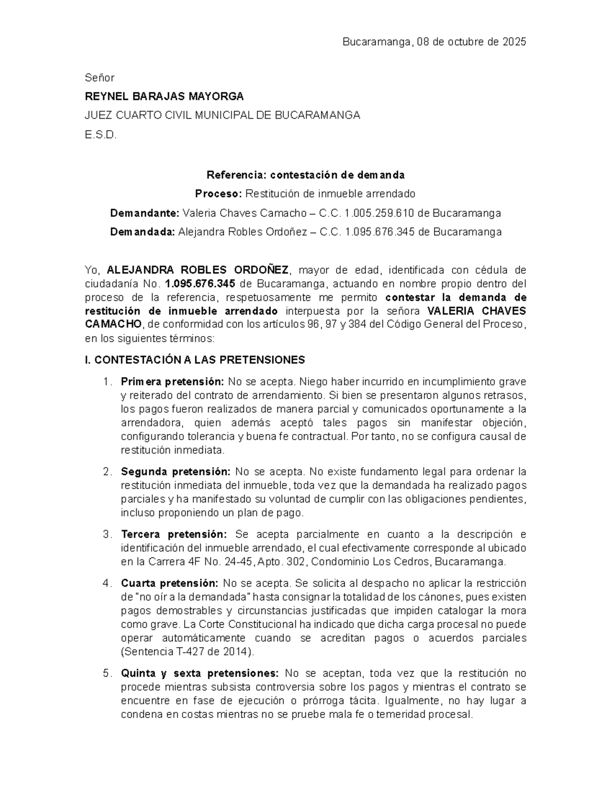 Contestación de Demanda de Restitución de Inmueble Arrendado - Proceso ...