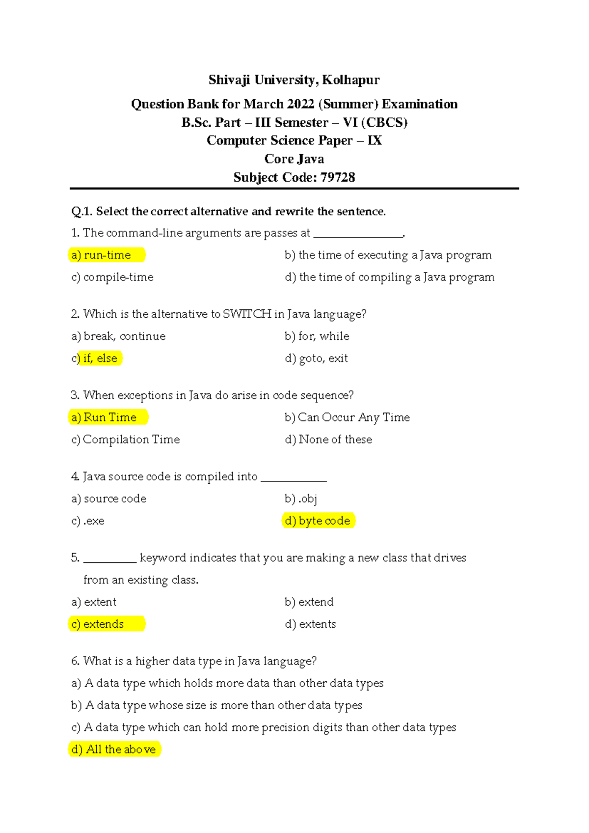Core Java MCQ Question Bank - B.Sc. III Sem VI (Paper IX, 79728) - Studocu