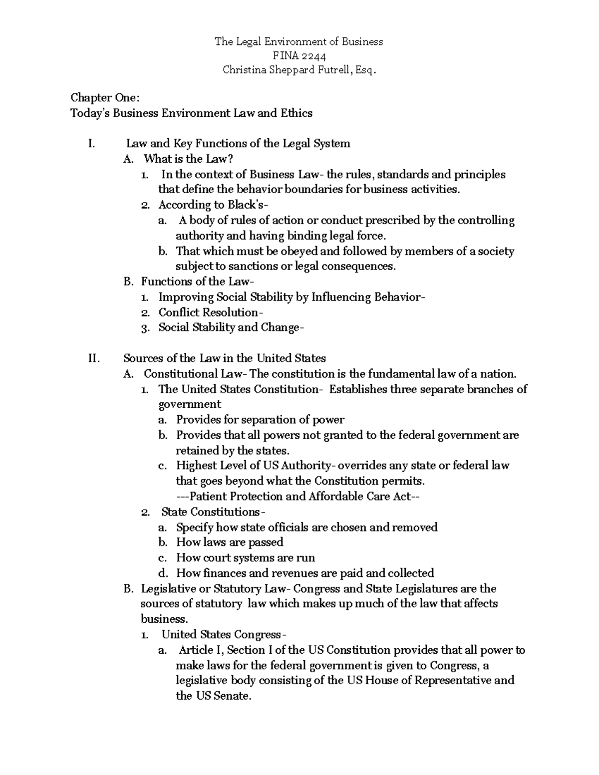 FINA 2244: Chapter 1 - The Legal Environment of Business Law and Ethics ...