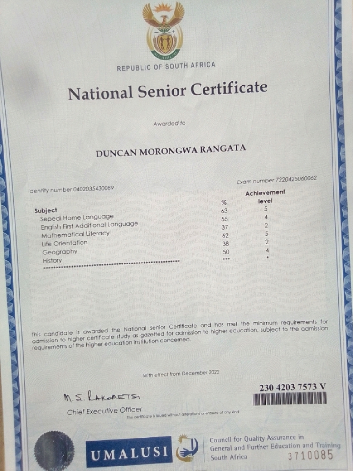 National Senior Certificate Qualifications - Duncan Morongwa Rangata ...