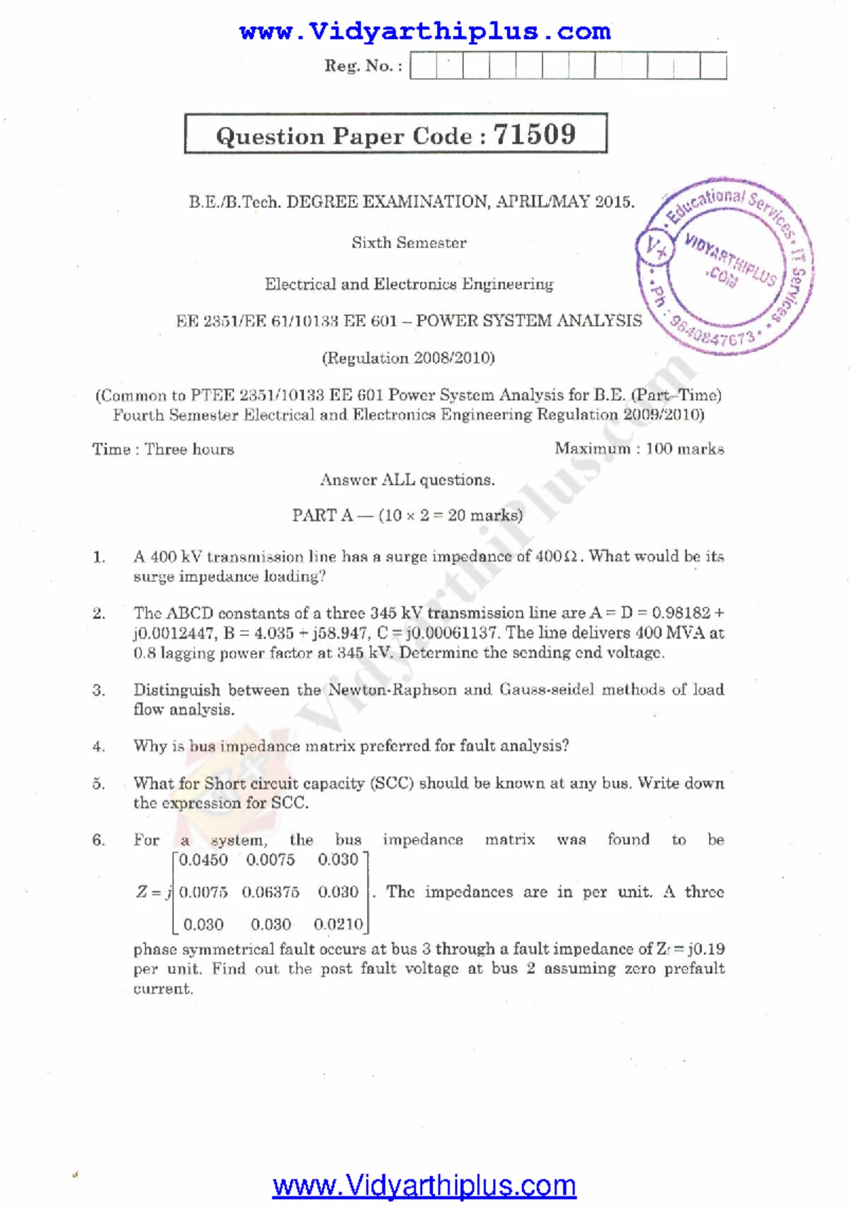 EE6501 Power System Analysis - Question Paper 2019 - Studocu