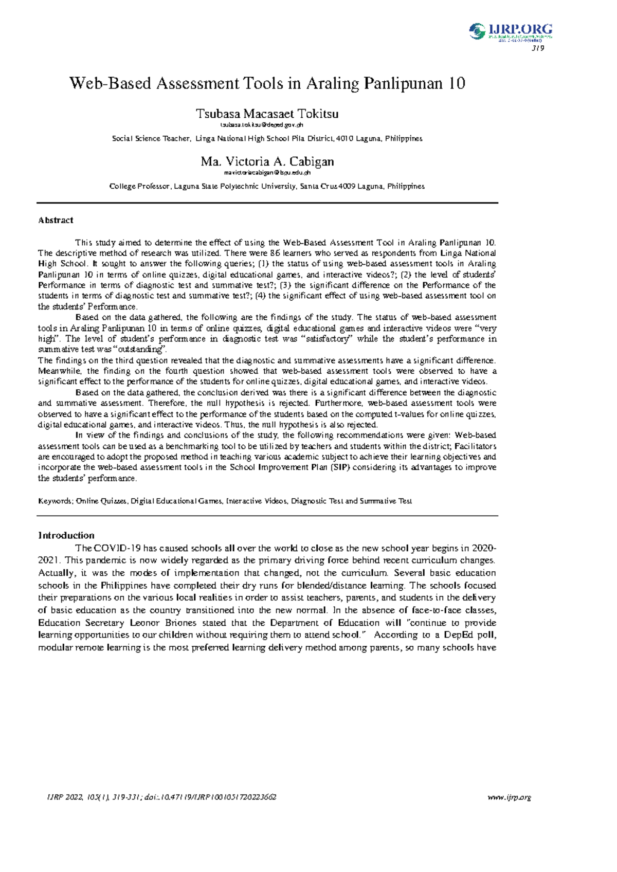 10010417 - Web-Based Assessment Tools Impact on Araling Panlipunan 10 ...