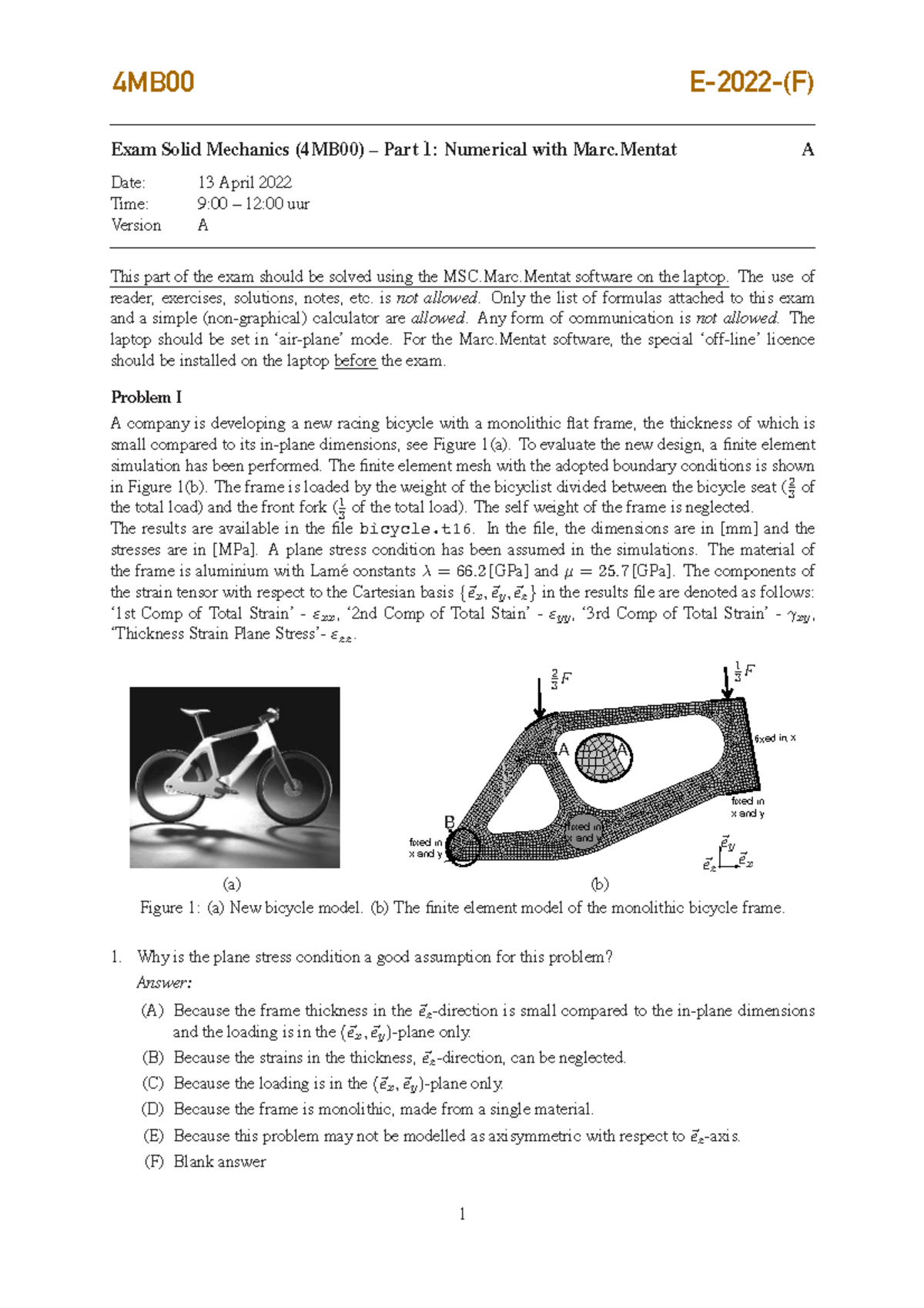 Final Exam Solid Mechanics (4MB00) – Numerical & Analytical - Studeersnel