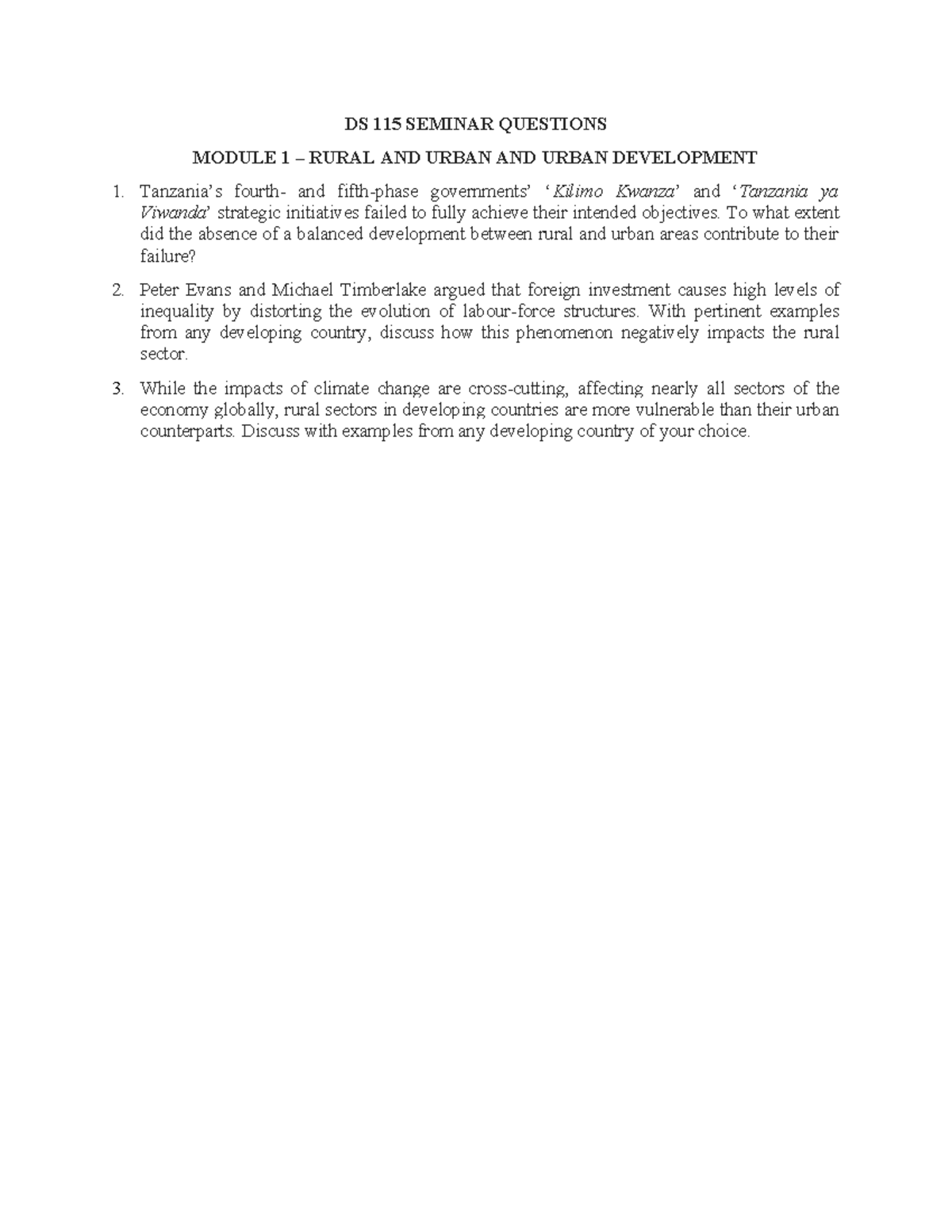 DS 115 Seminar Questions: Rural & Urban Development Insights - Studocu
