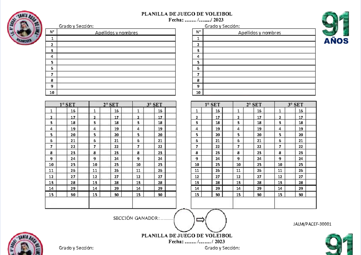 Planilla de Juego de Voleibol 2023 - Grado y Sección Detalles - Document Preview