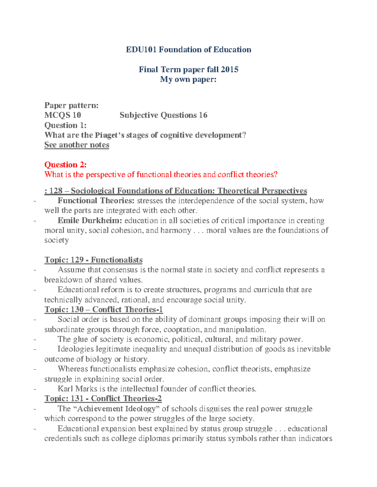EDU101 Final Term Paper: Understanding Educational Theories & Goals ...