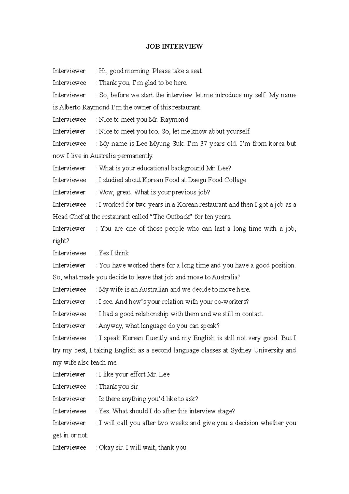 Job Interview Role Play Scenario: A Conversation Example - Studocu