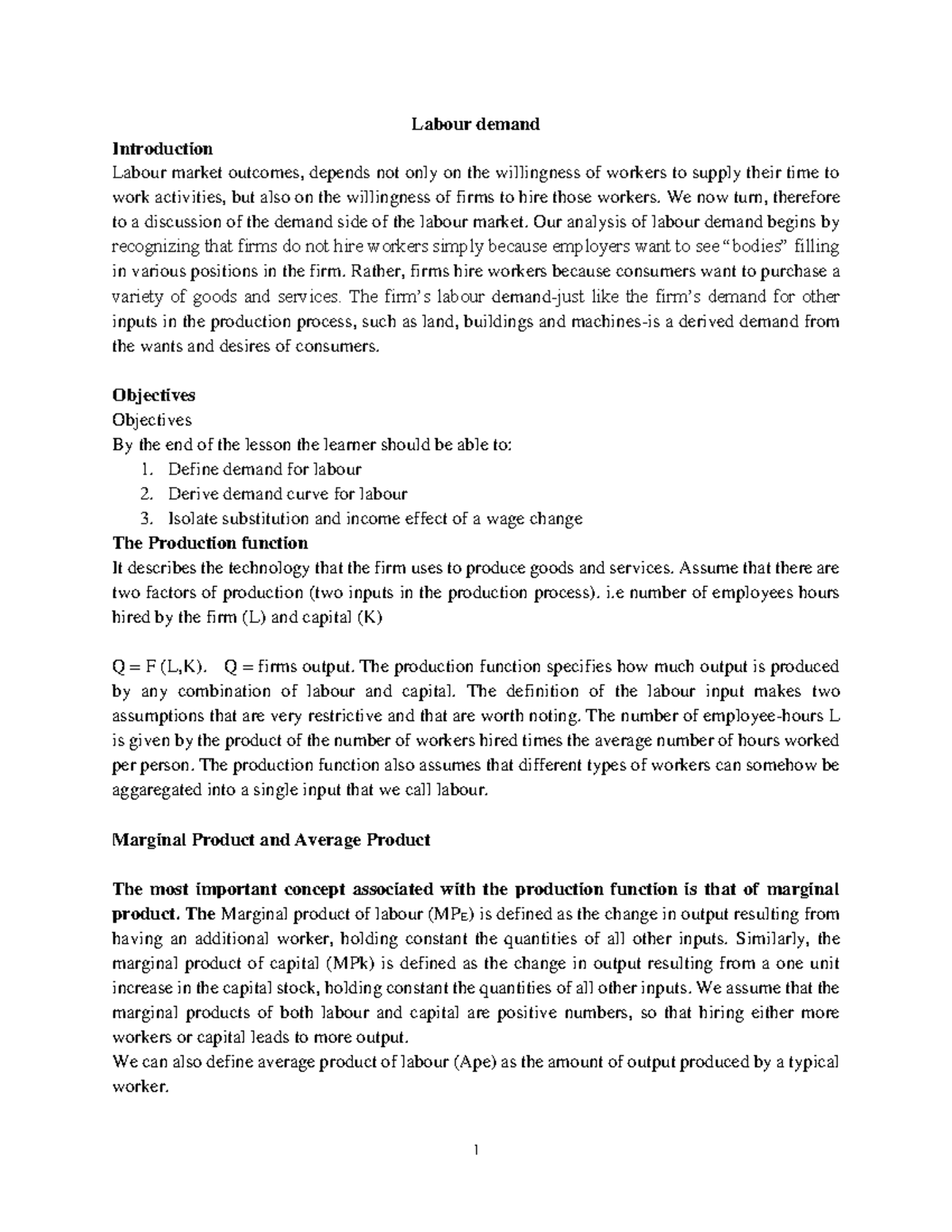 Labour Demand Analysis - ECO 101 Lecture Notes on Firm Hiring Decisions ...