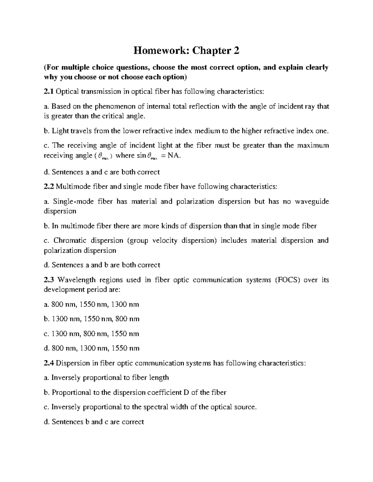 Homework Chapter 2 - aaa - Homework: Chapter 2 (For multiple choice ...