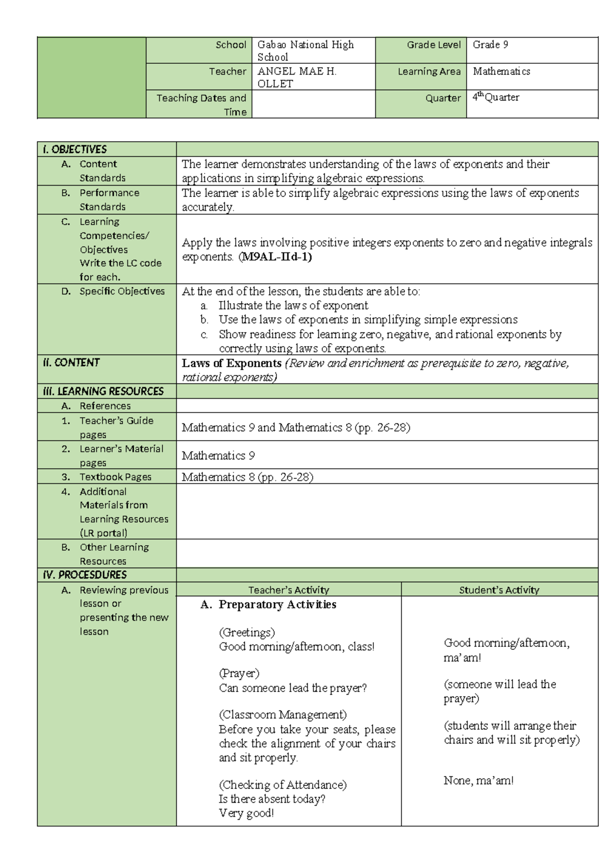 Grade 9 Math Lesson Plan: Laws of Exponents (4th Quarter) - Studocu