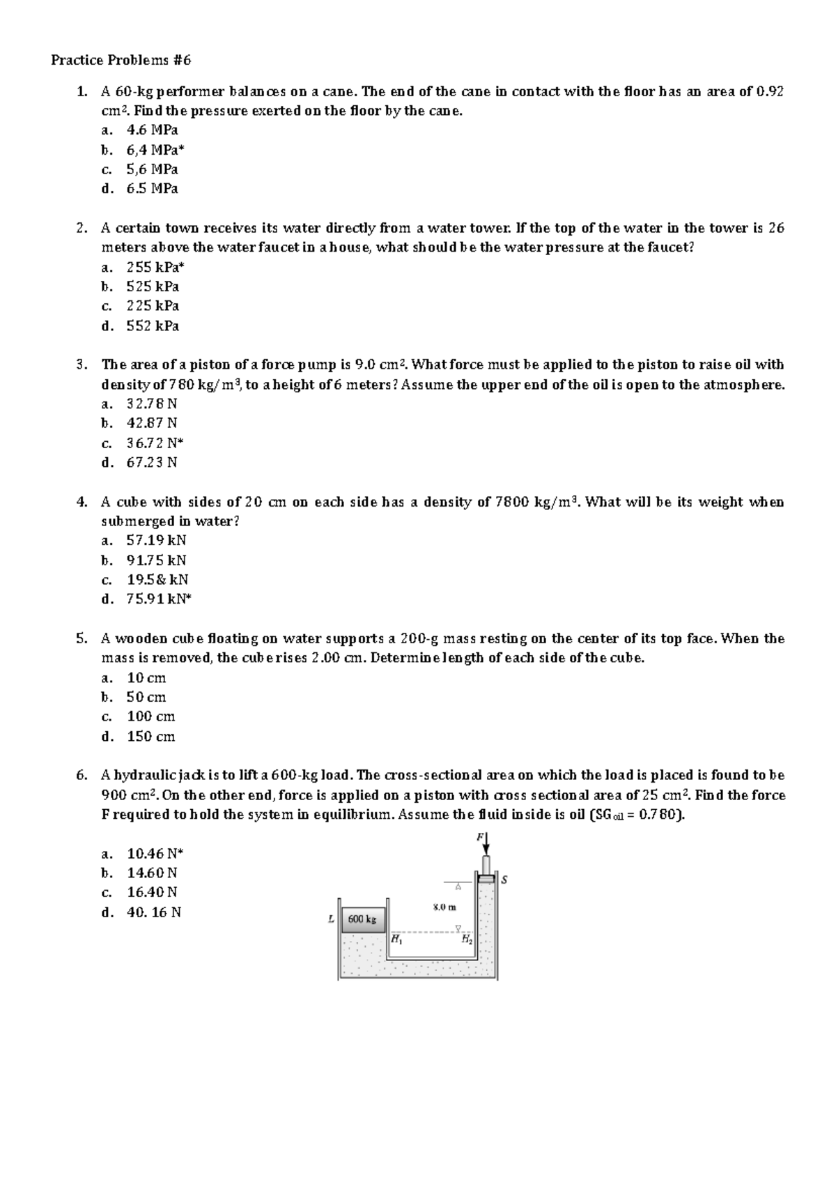 Practice Problems #6: Fluid Mechanics and Pressure Calculations - Studocu