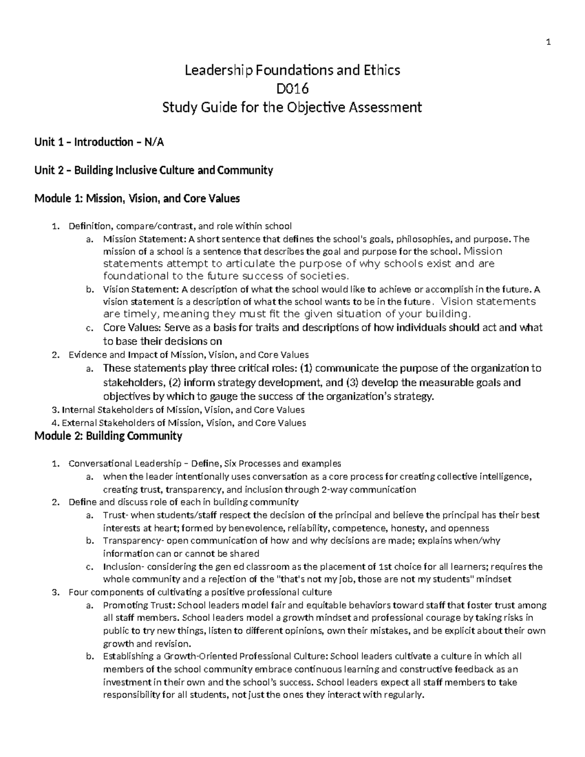 D016 - Leadership Foundations and Ethics Study Guide - Studocu