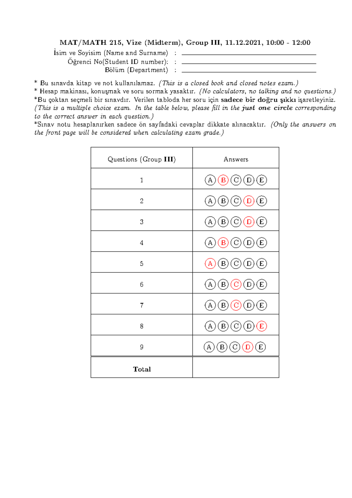 MAT/MATH 215, Midterm Exam Group III, Solutions and Questions - Studocu