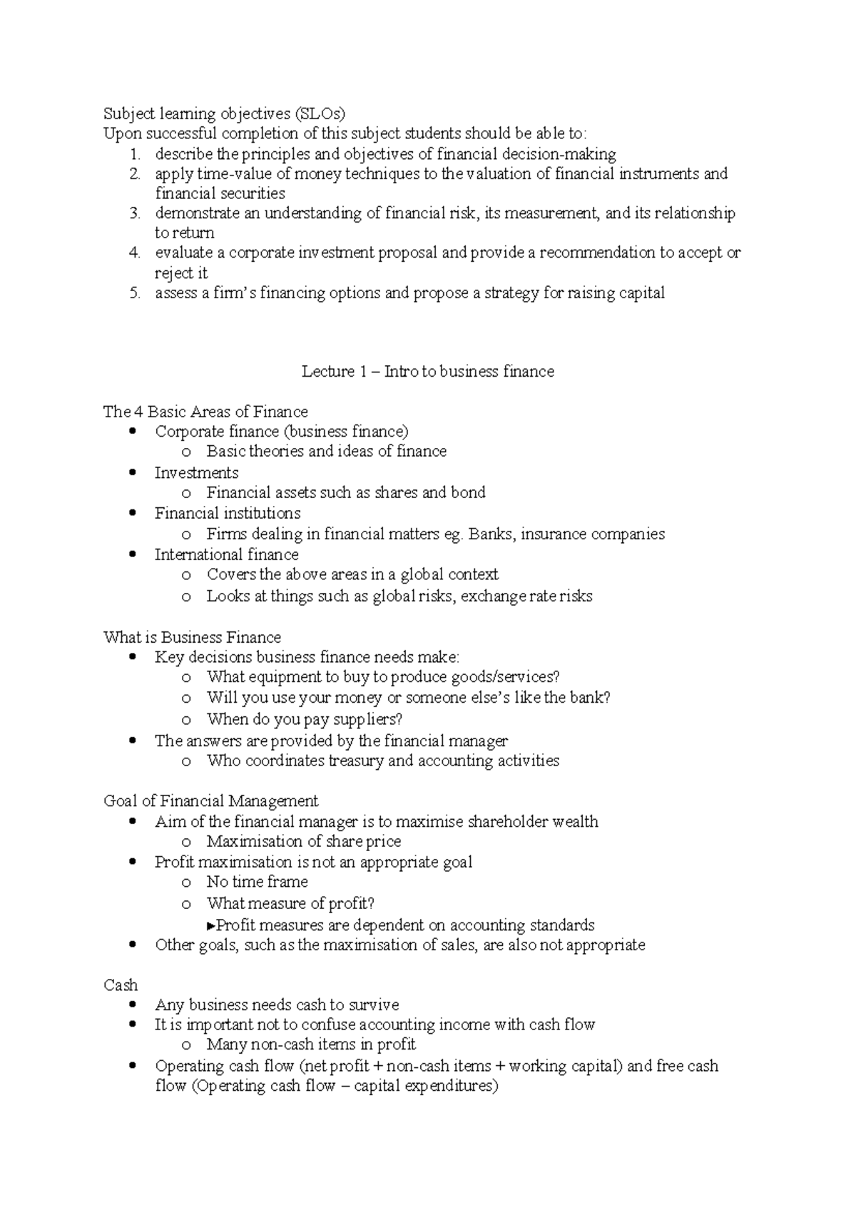 Financial Management SLOs & Key Concepts - BUS 101 Lecture Notes - Studocu