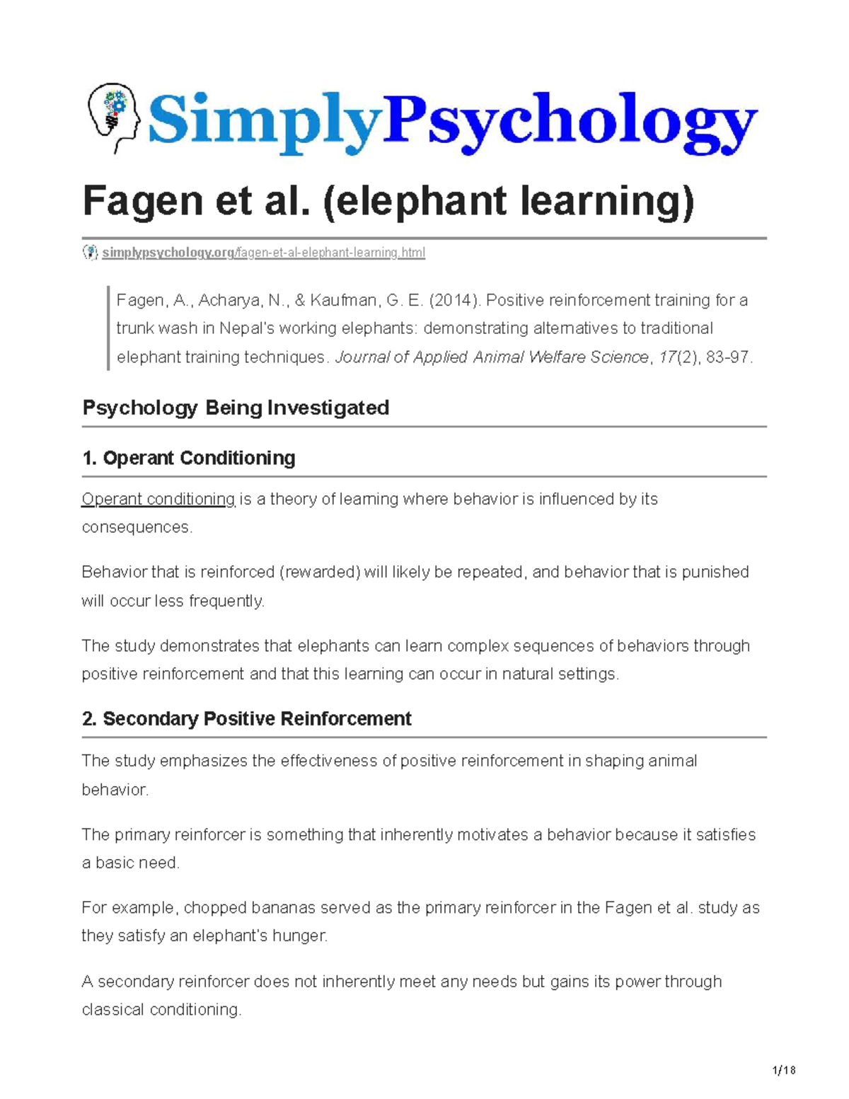 Fagen et al. (2014) Study on Positive Reinforcement in Elephant ...