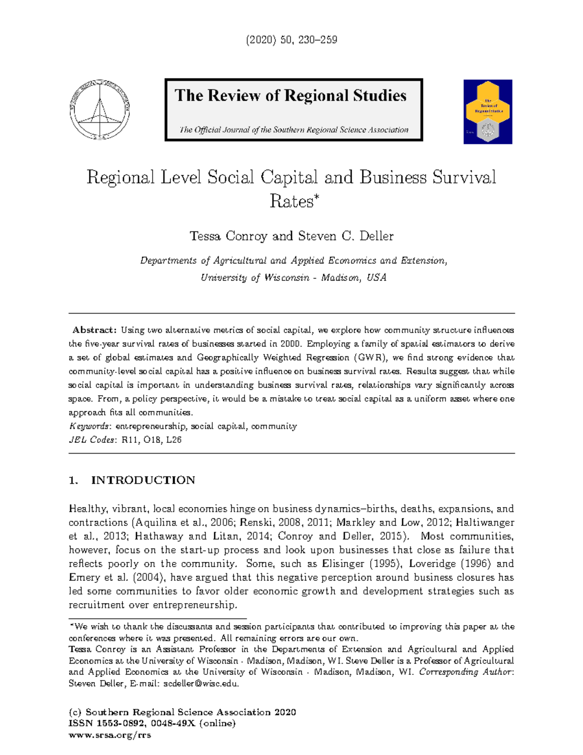 13161 Impact of Regional Social Capital on Business Survival Rates ...