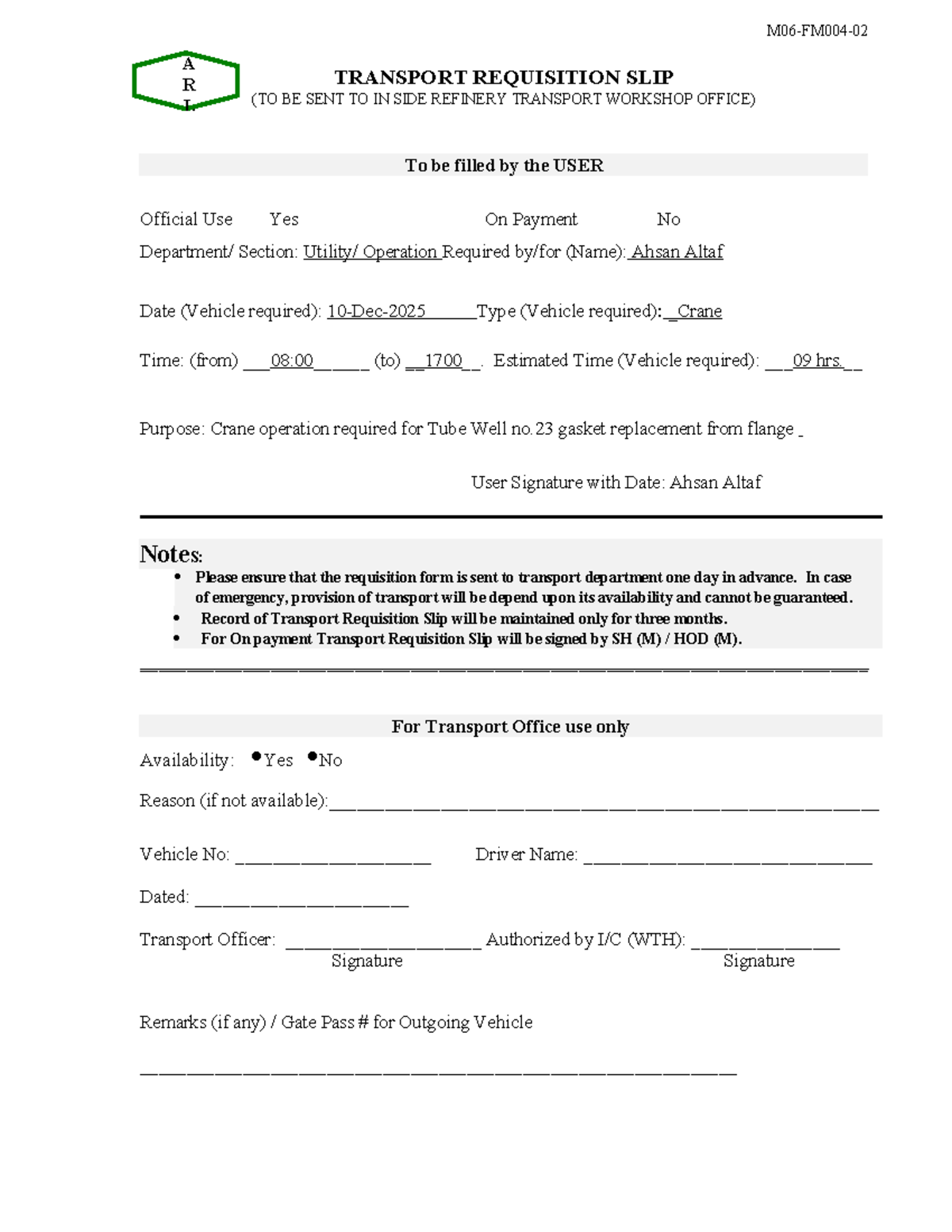 Transport Requisition Slip for Crane Operation - Studocu