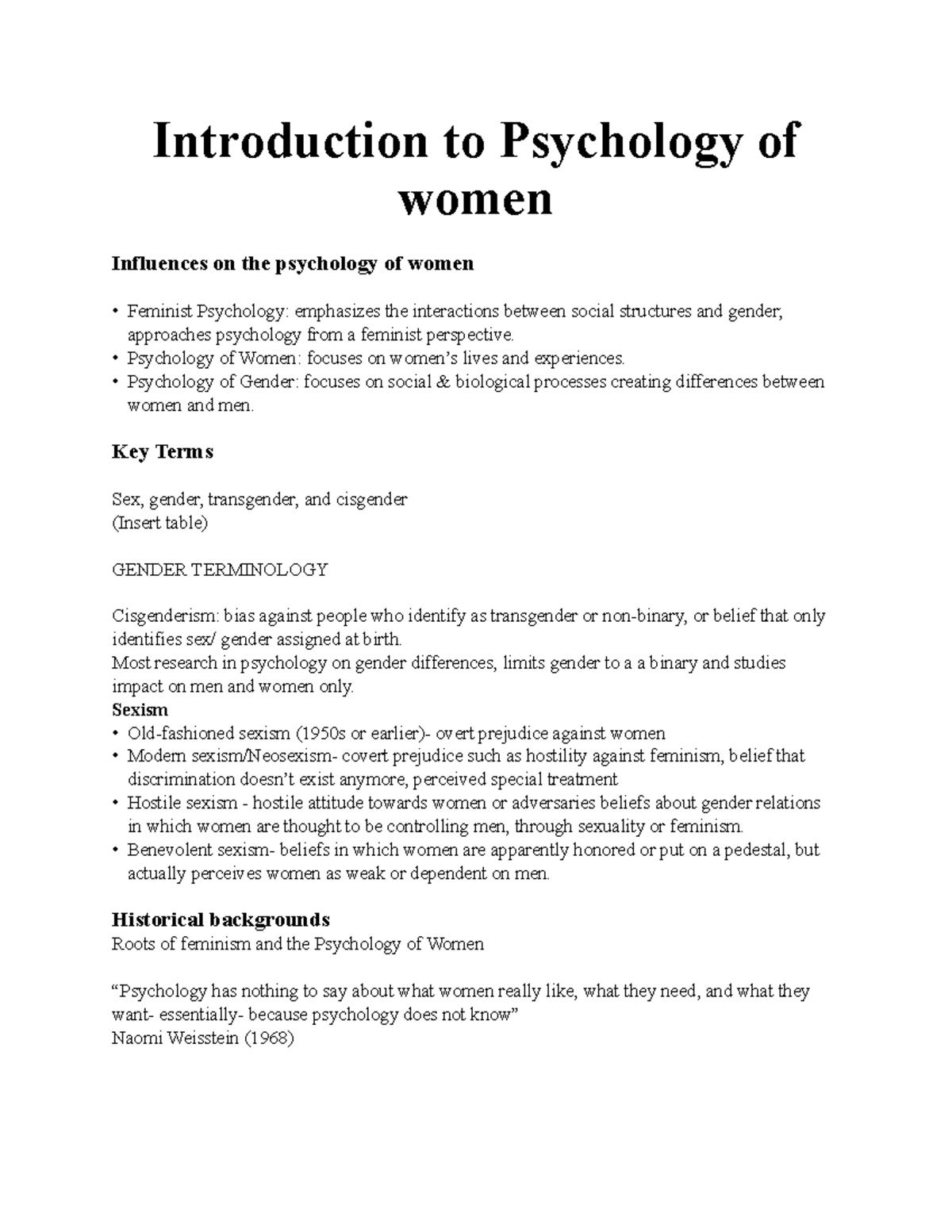 PSY 101: Introduction to Women's Psychology and Gender Studies - Studocu