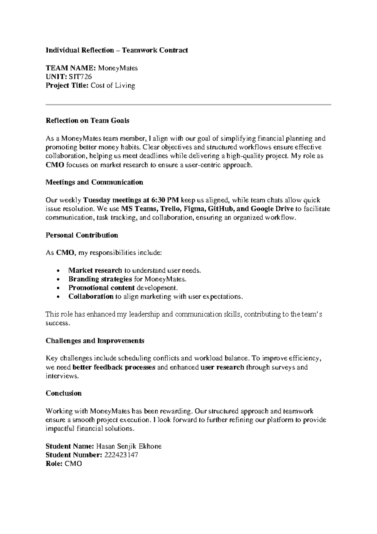 SIT726 Individual Reflection on Teamwork Contract - MoneyMates - Studocu