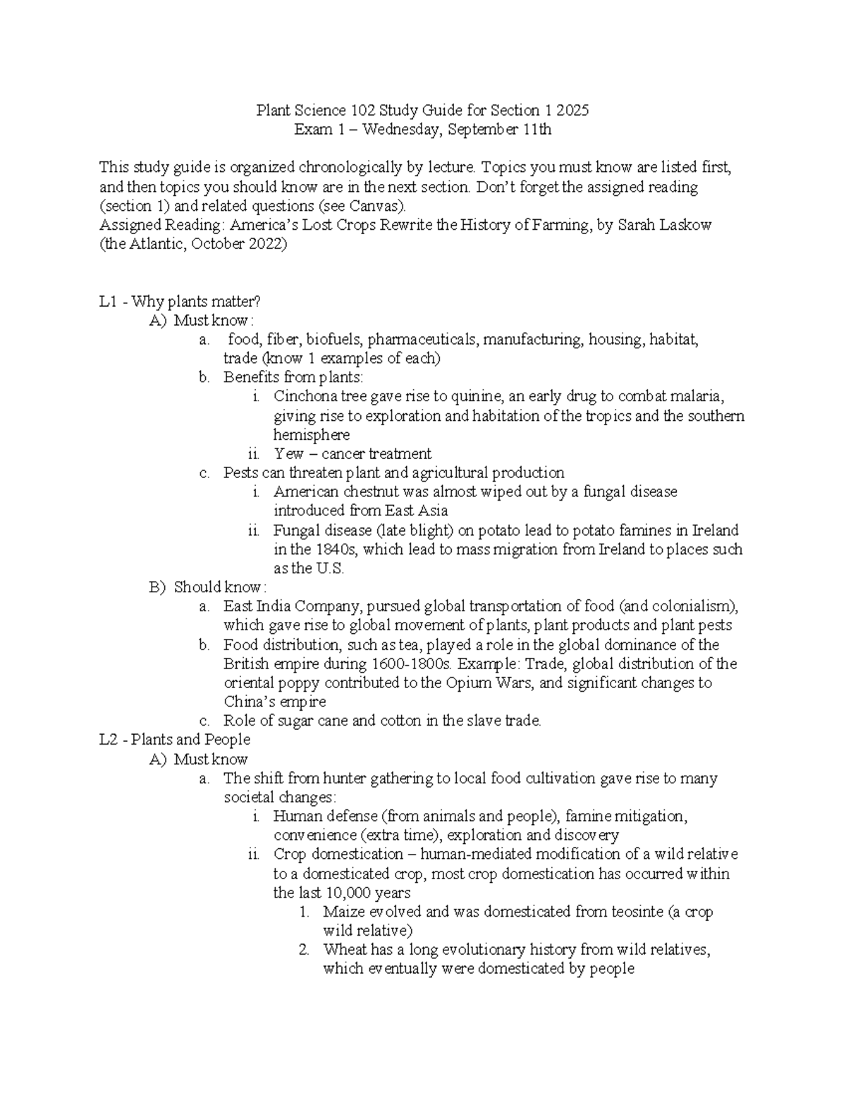 Plant Science 102 Study Guide: Section 1 Exam 1 Prep 2025 - Studocu