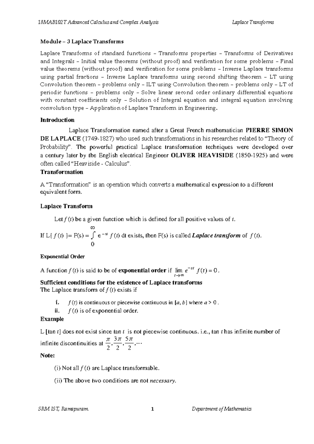 18MAB102T Advanced Calculus & Complex Analysis: Unit 3 - Laplace ...