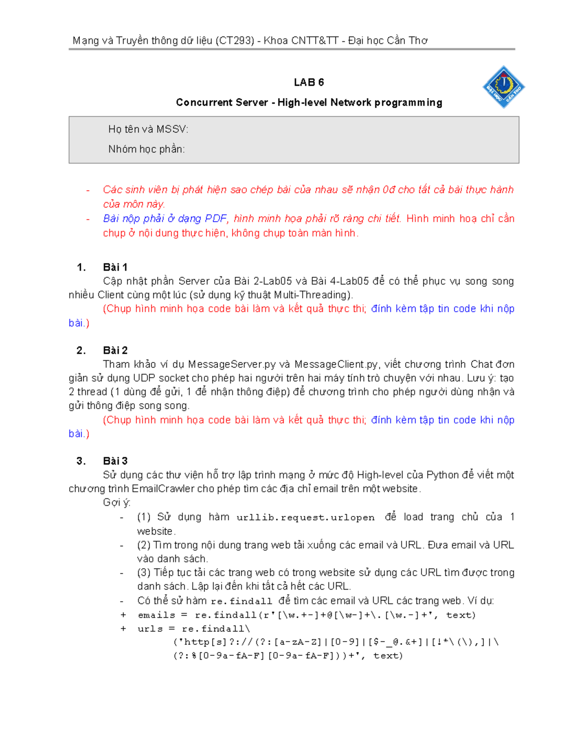 Mạng-TTDL Lab 6: Concurrent Server & High-level Networking - Studocu