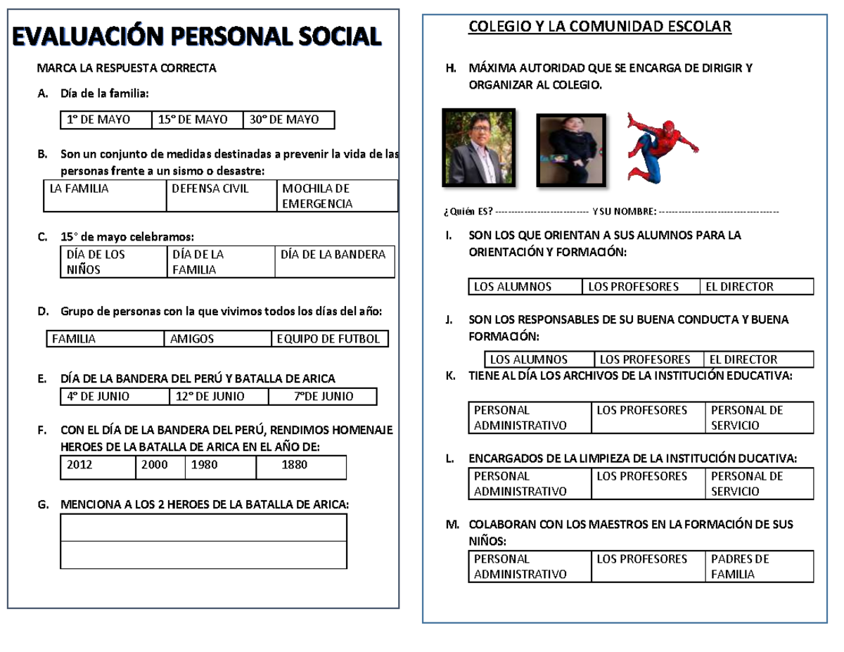 Examen de Personal Social: Colegio y Comunidad Escolar - Studocu