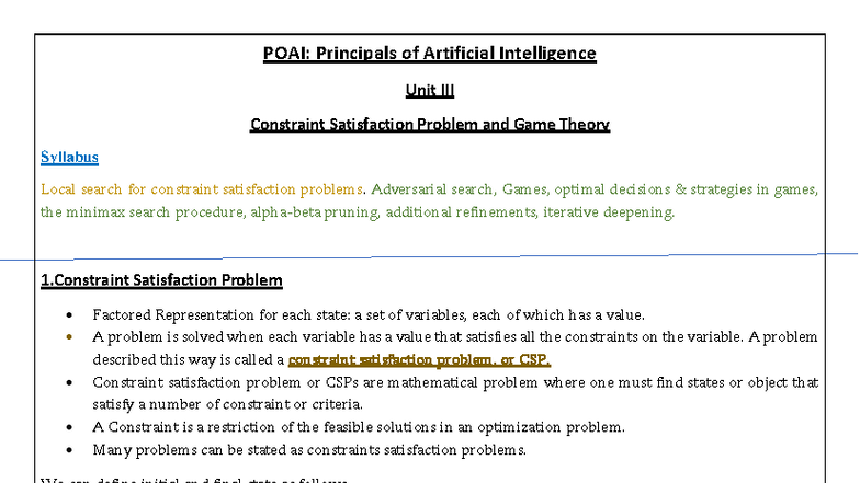 UNIT 3: CSP and Game Theory Notes - Final Exam POAI - Studocu