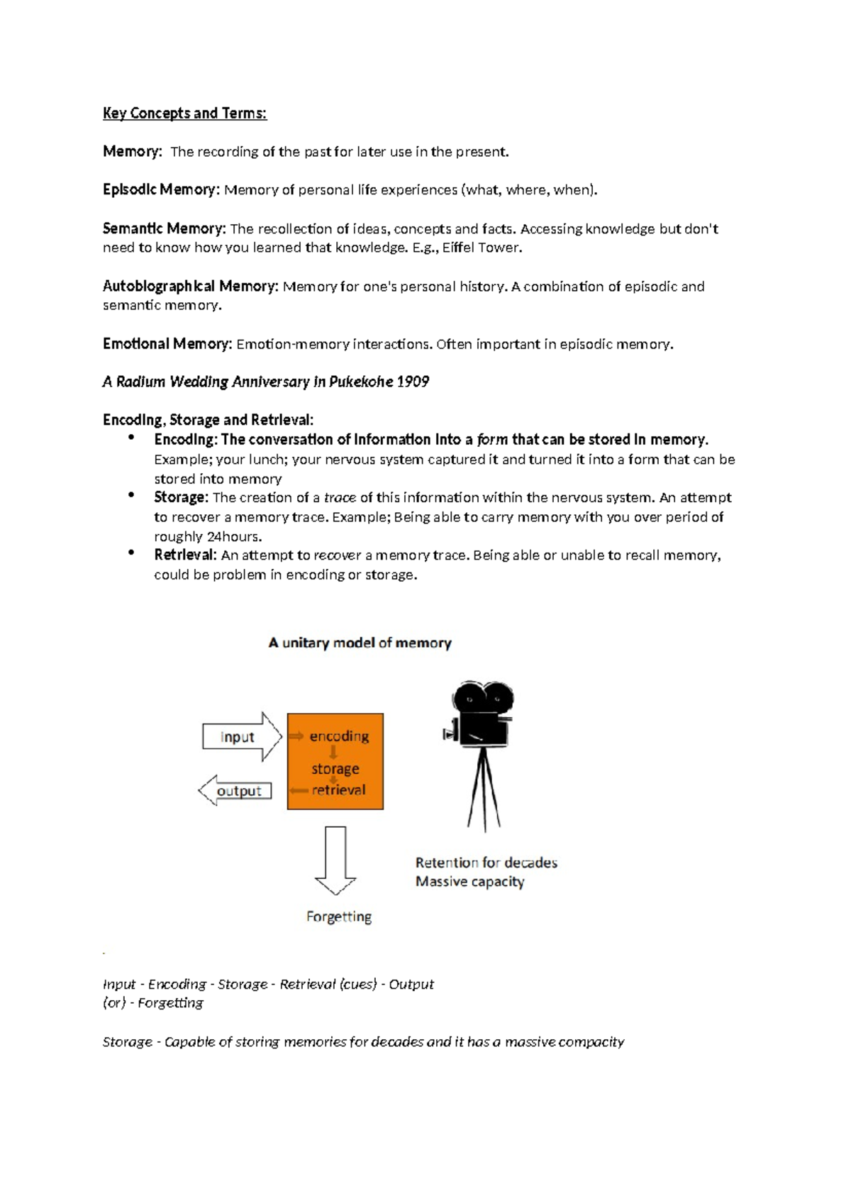 Memory Notes - Key Concepts and Terms: Memory: The recording of the ...