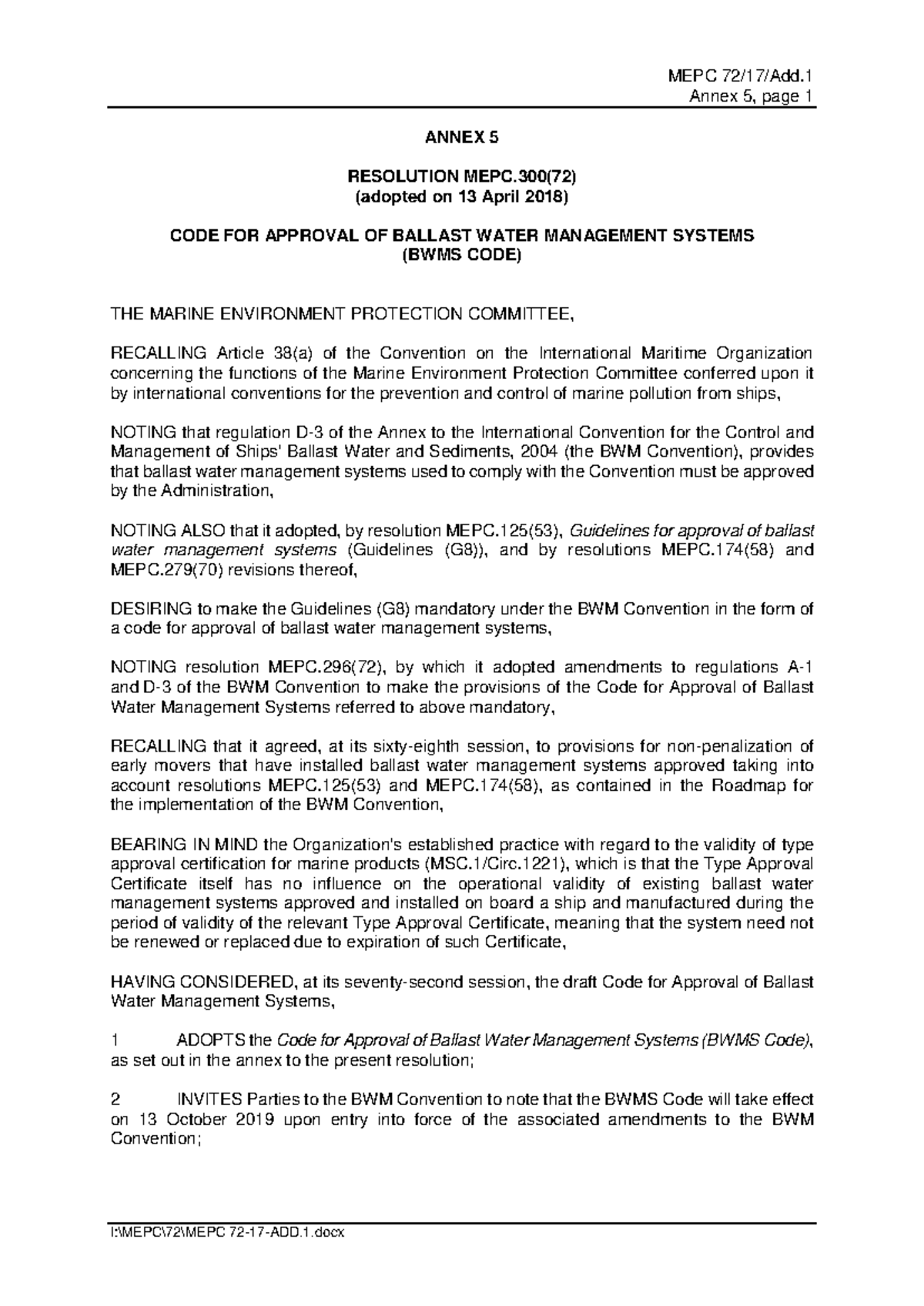 MEPC 300(72) BWMS Code: Approval Guidelines and Procedures - Studocu