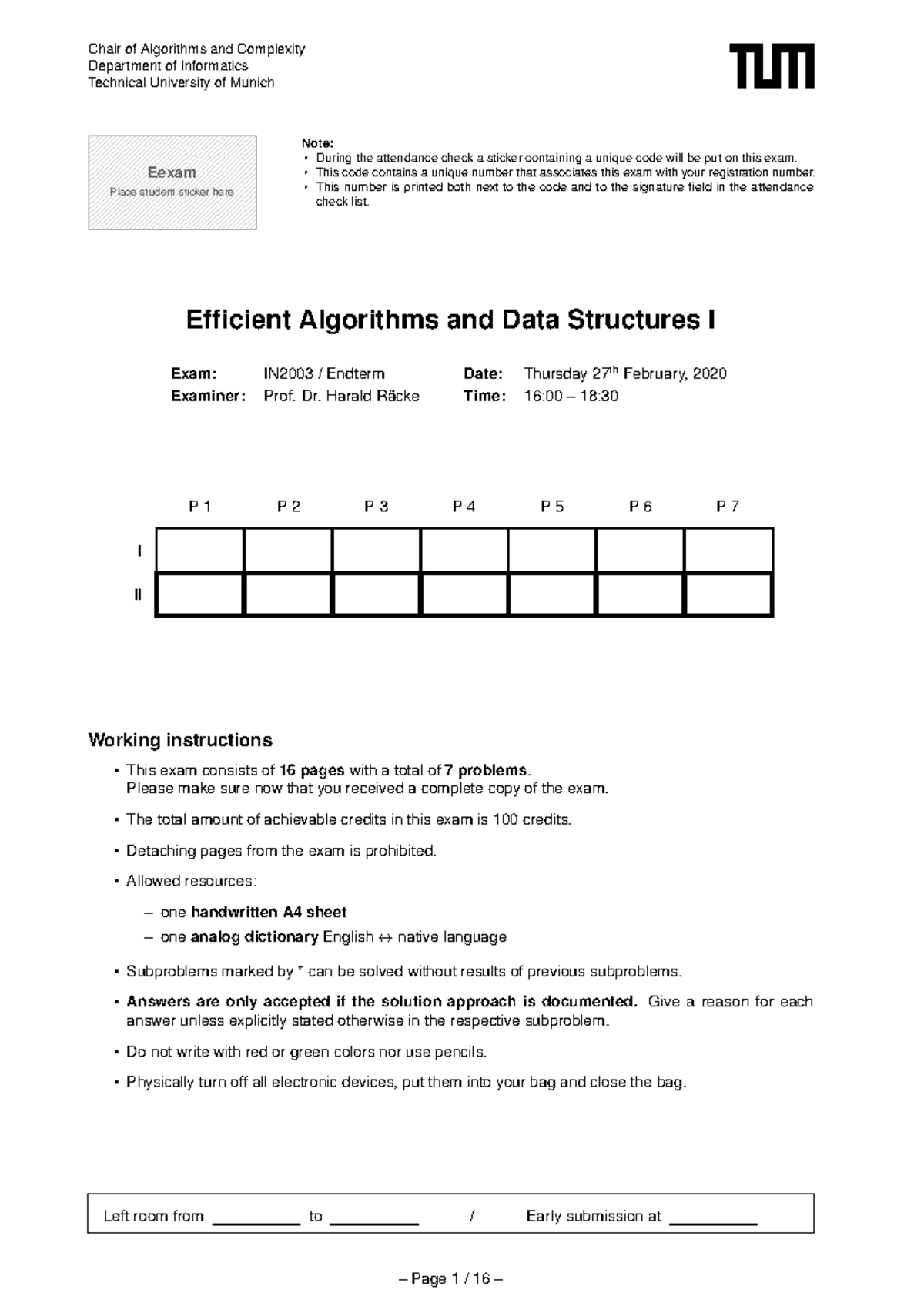 WS19-20 Endterm - PRACTICE EXAM - Chair of Algorithms and Complexity ...