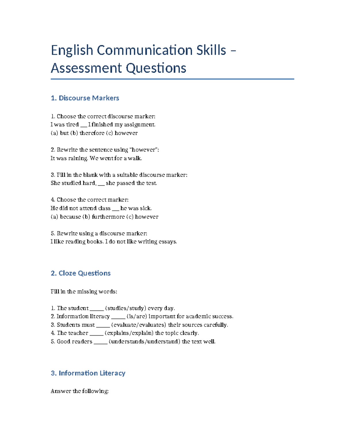 ENG 101: Communication Skills Assessment Questions and Exercises - Studocu