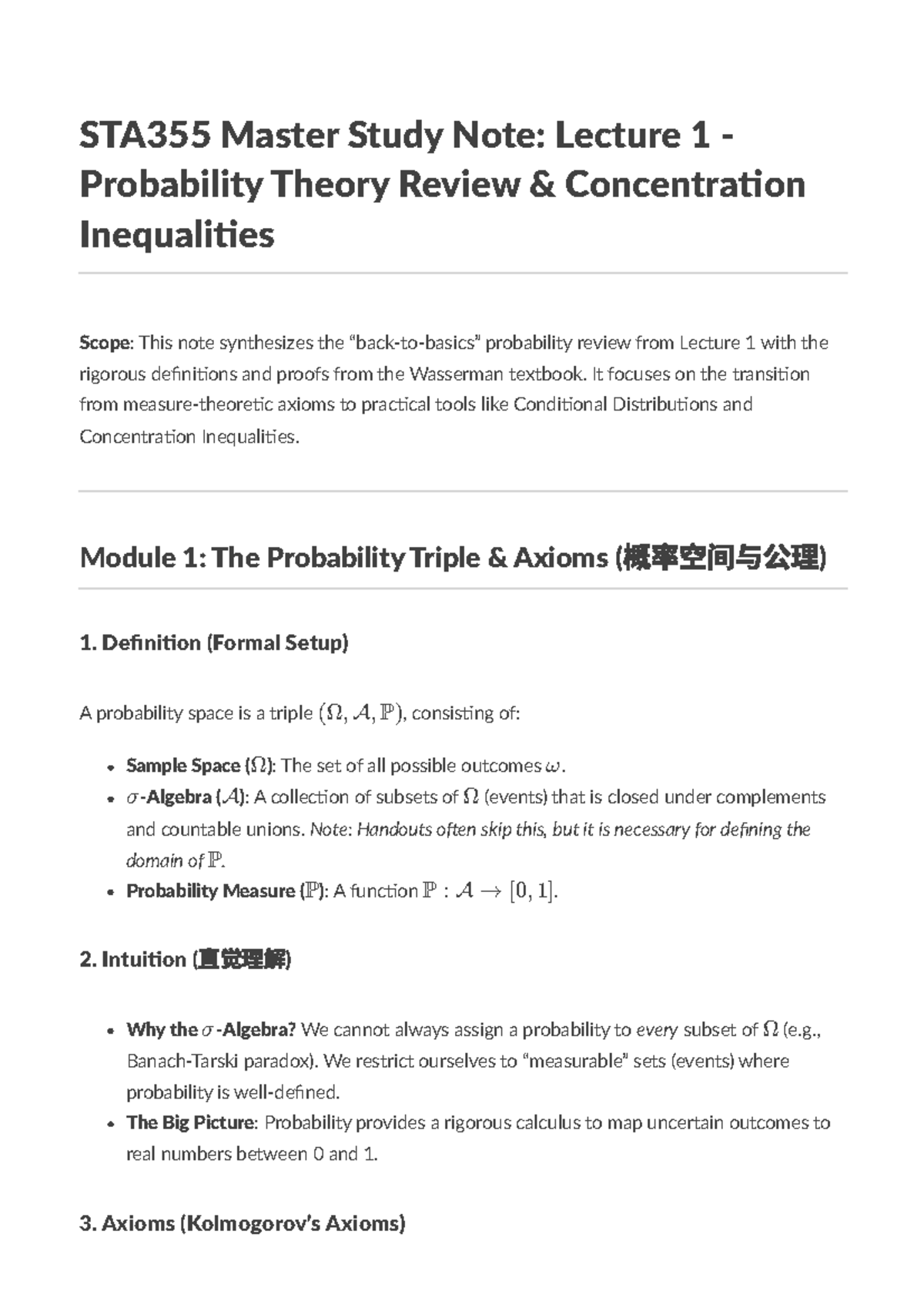 STA355 Lecture 1 Summary: Probability Theory & Concentration ...